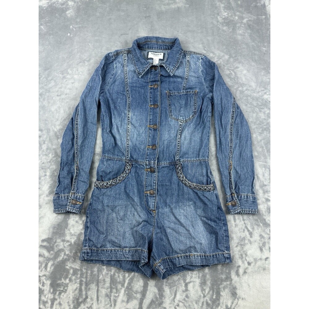 Forever 21 Denim Romper Jumpsuit Braided Pocket Button Front Long Sleeve Size S